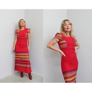 1970's Vintage Red Woven Maxi Dress ~ Women's XXS to Petite XS ~ Festival Party
